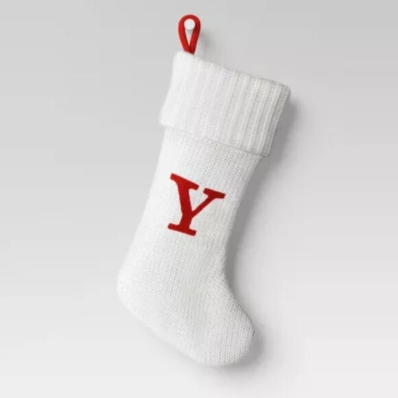 Knit Monogram Christmas Stocking - White - Letter Y - Picture 1 of 5